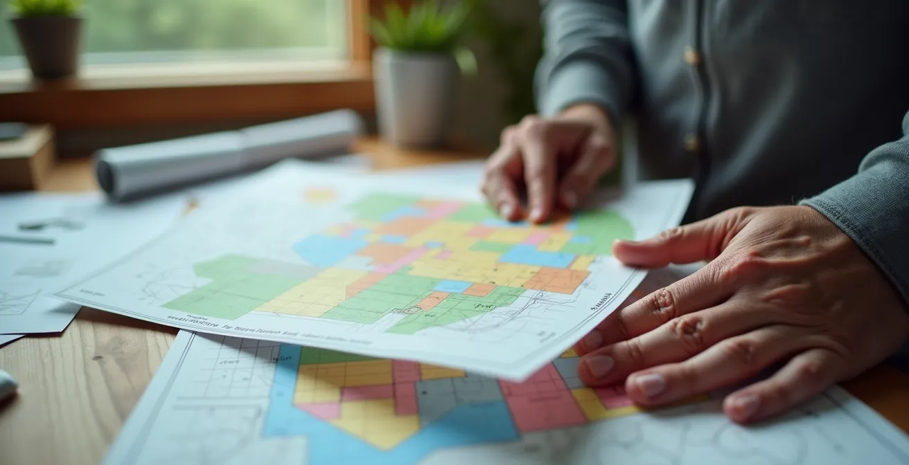 Gros plan sur les mains d'un architecte consultant des documents d'urbanisme avec cartes colorées