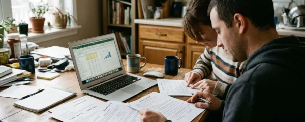 Un couple assis à leur table de cuisine consulte des documents administratifs avec un ordinateur portable ouvert devant eux, baigné par la lumière naturelle de fin de journée
