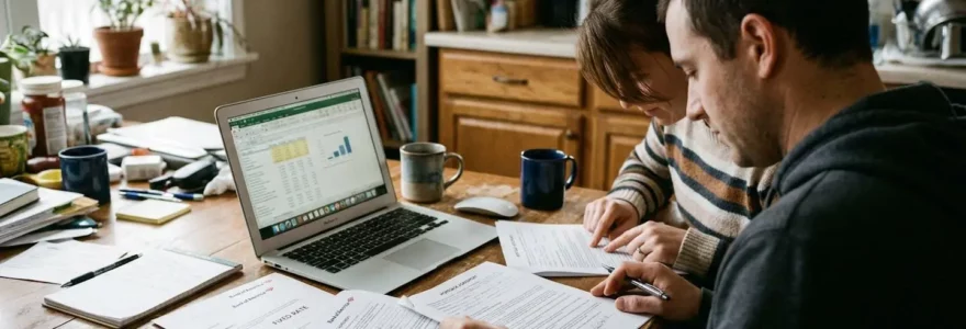 Un couple assis à leur table de cuisine consulte des documents administratifs avec un ordinateur portable ouvert devant eux, baigné par la lumière naturelle de fin de journée