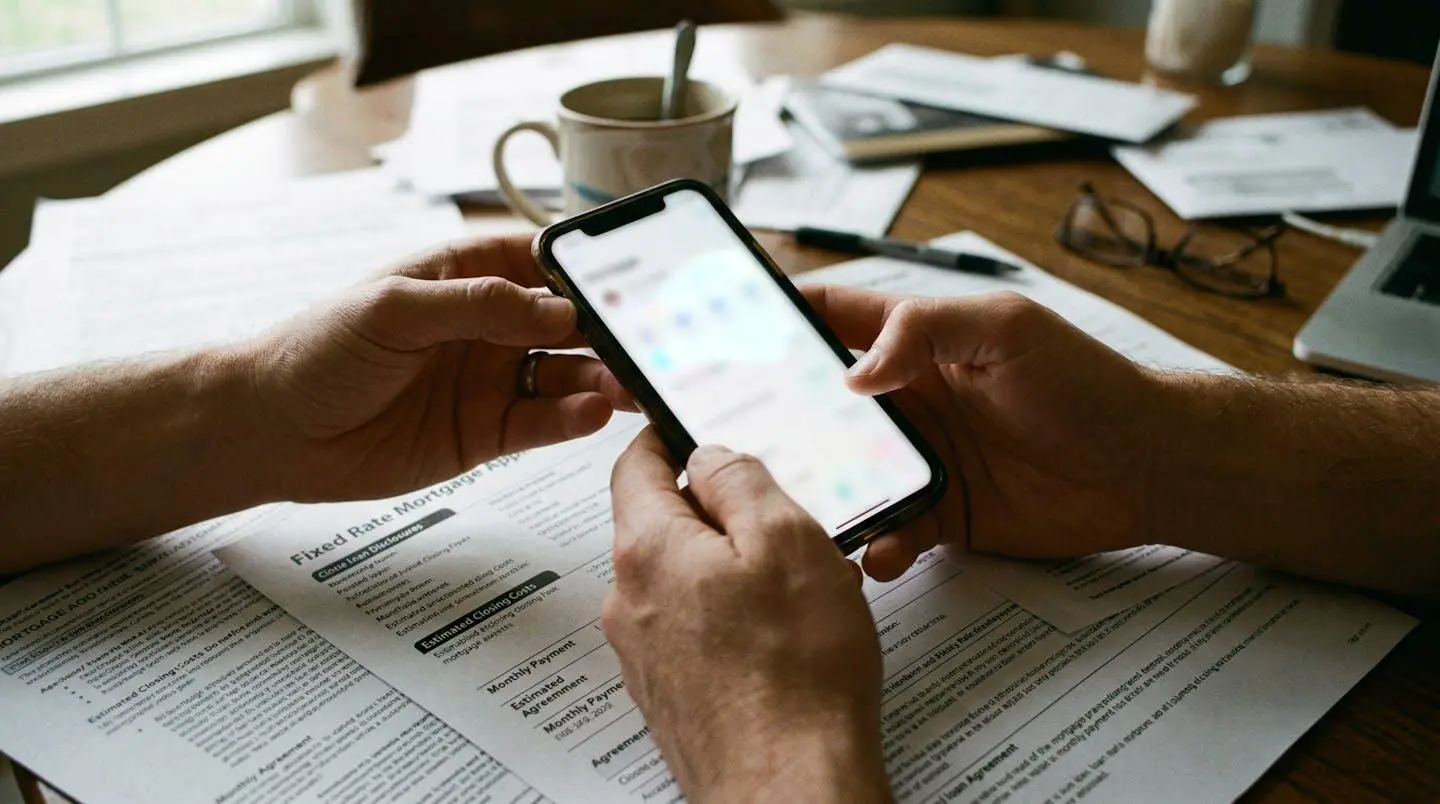 Des mains tiennent un smartphone au-dessus de documents administratifs étalés sur une table, l'écran du téléphone étant flouté