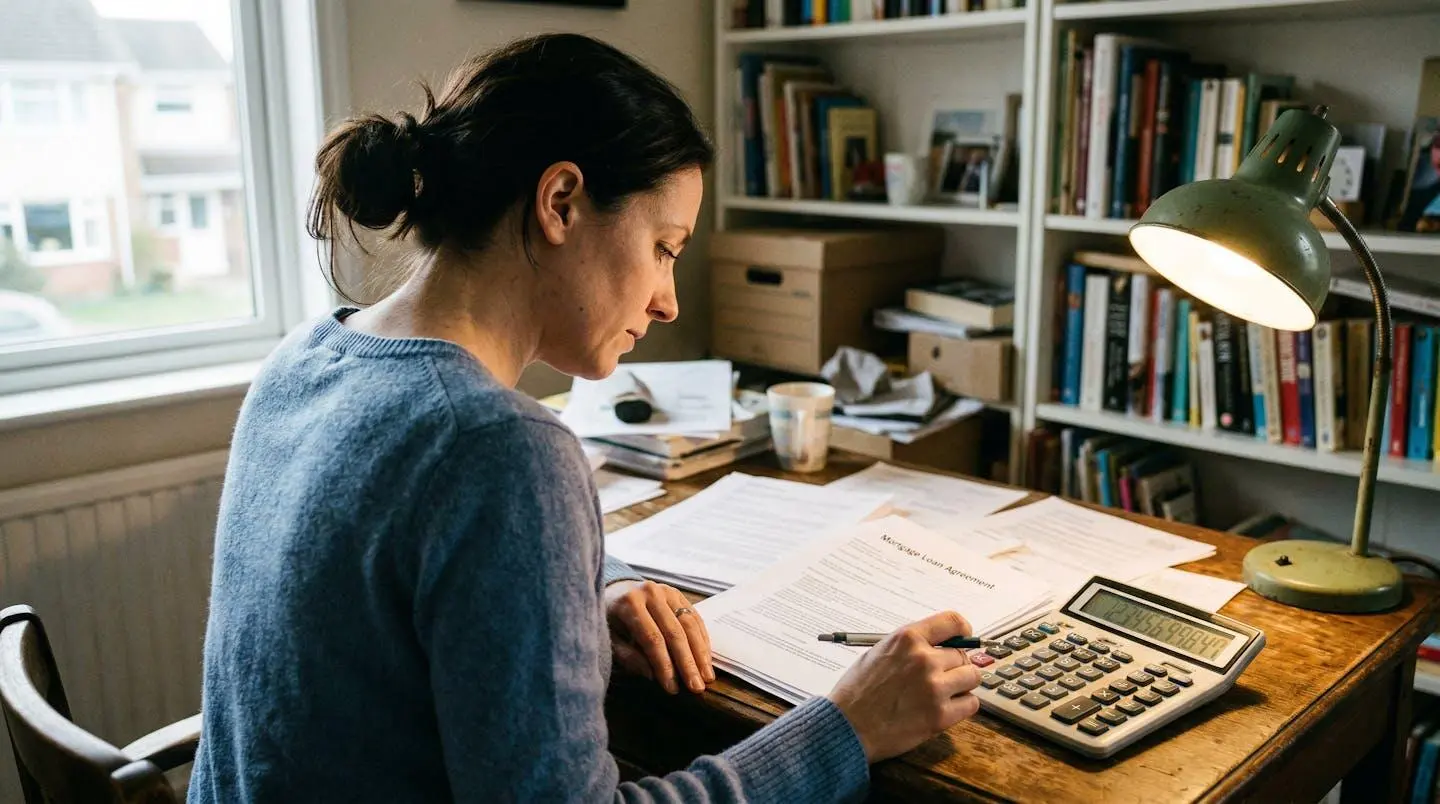 Une personne de profil travaille à son bureau à domicile, une calculatrice et des documents visibles devant elle, éclairée par une lampe et la lumière naturelle