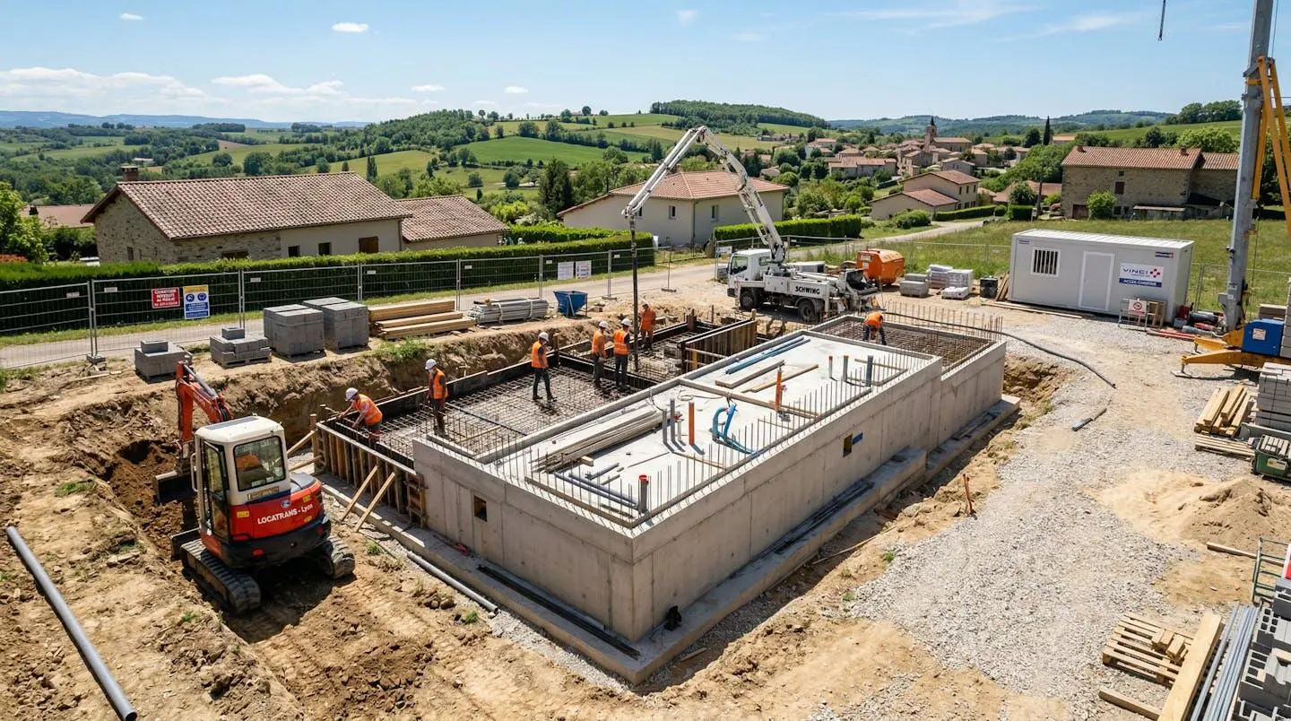 Vue large d'un chantier de construction de maison individuelle en France, avec fondations en cours de coulage, grues et échafaudages visibles sous un ciel lumineux