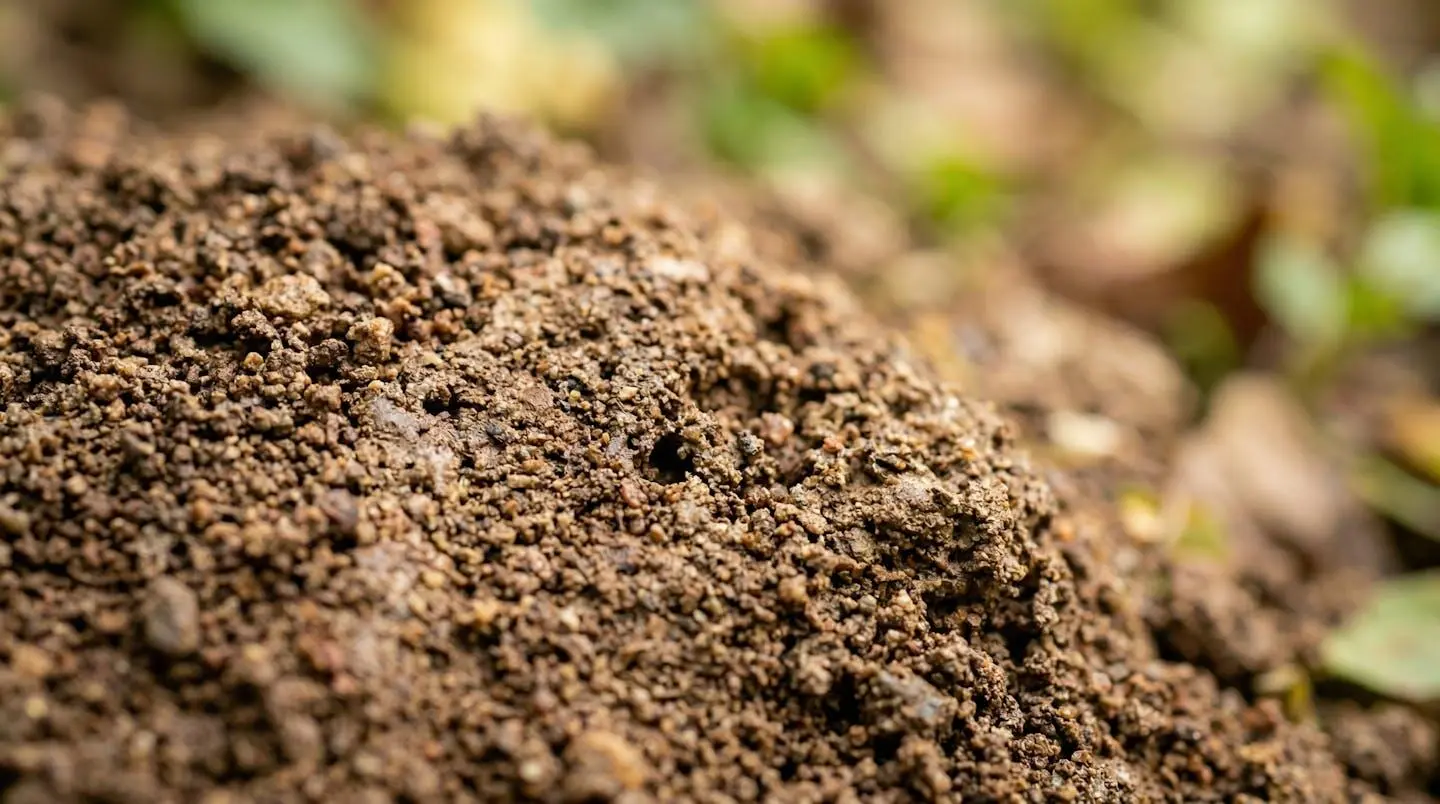 Gros plan extrême sur un échantillon de terre argileuse montrant sa texture granuleuse et humide, avec un arrière-plan flouté