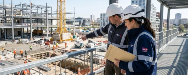 Deux personnes vues de dos observent un terrain de construction, l'une désignant le sol tandis que l'autre consulte un document, sur un chantier français lumineux