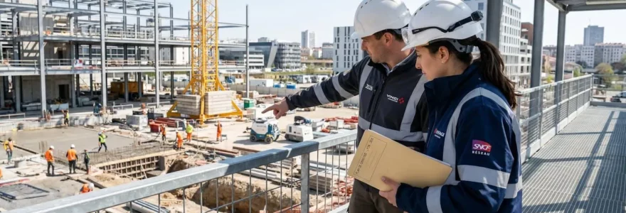 Deux personnes vues de dos observent un terrain de construction, l'une désignant le sol tandis que l'autre consulte un document, sur un chantier français lumineux